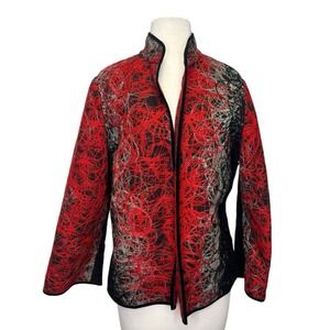 Grace Chuang Open Jacket Large Wool Blend Red Black Gray Textured Scribble
